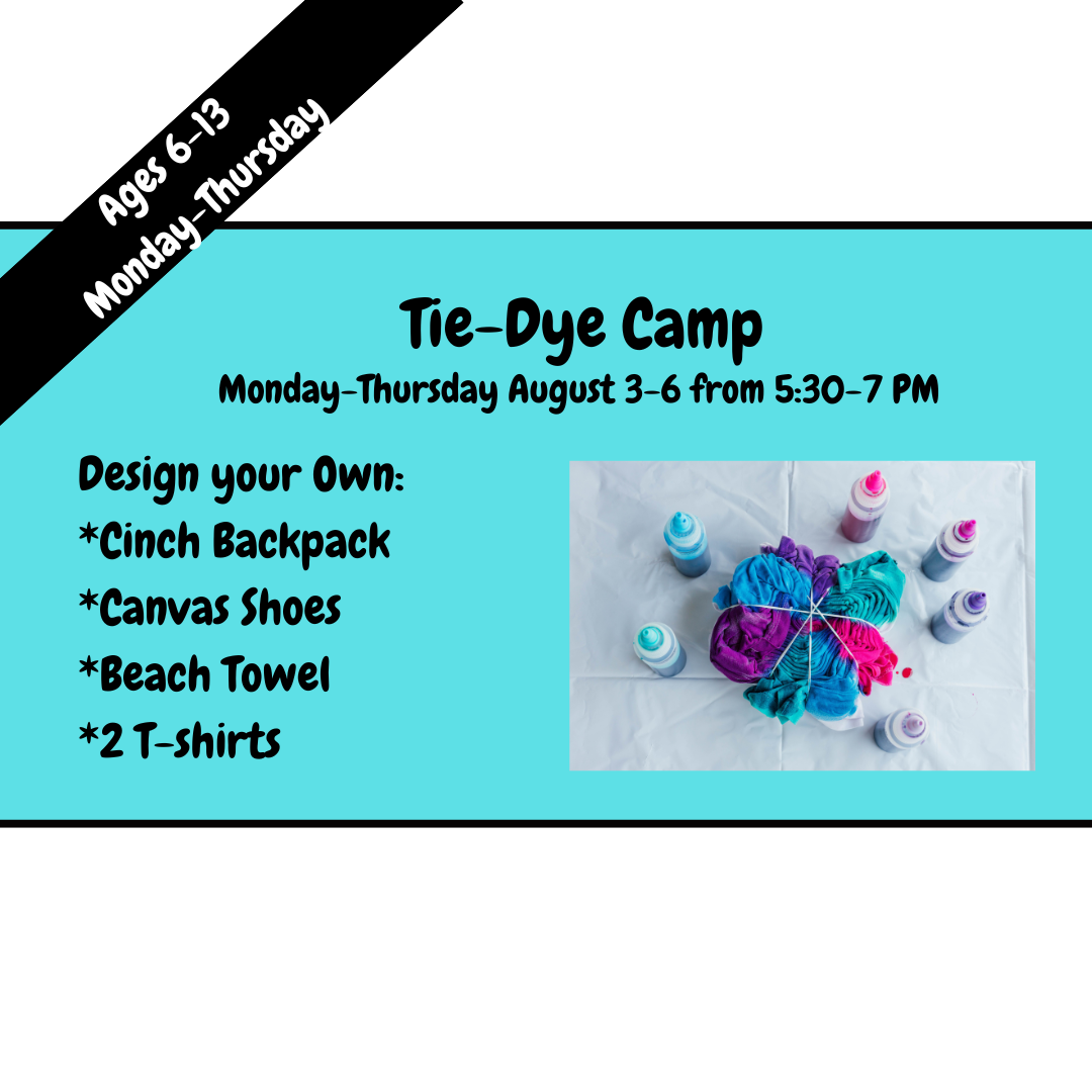 Advertisement for tie-dye camp with colorful tie-dye design and text about camp activities.