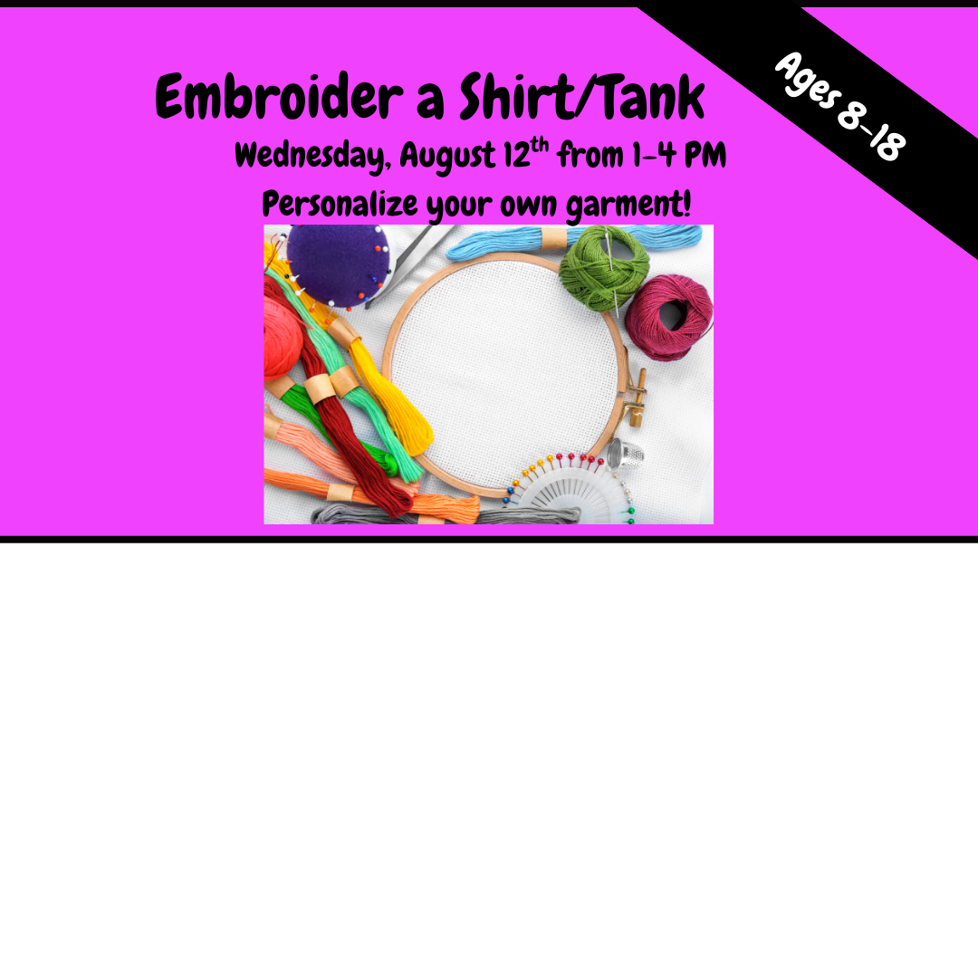 Promotional flyer for an embroidery workshop with colorful threads and a hoop on a pink background.
