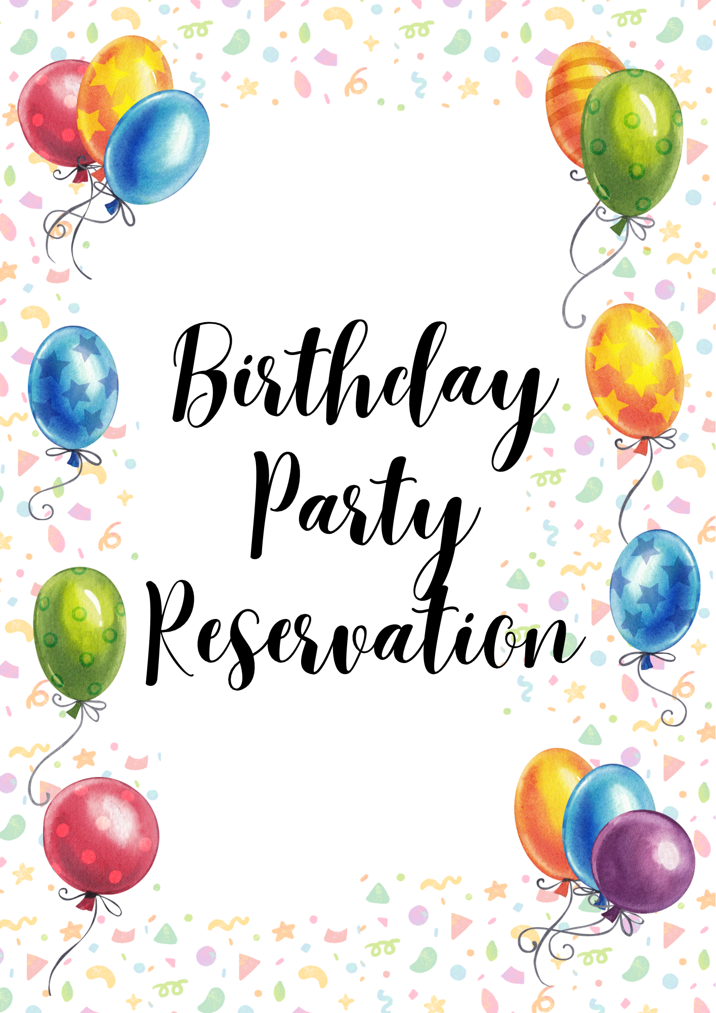 Birthday party reservation card with colorful balloons and confetti on a white background