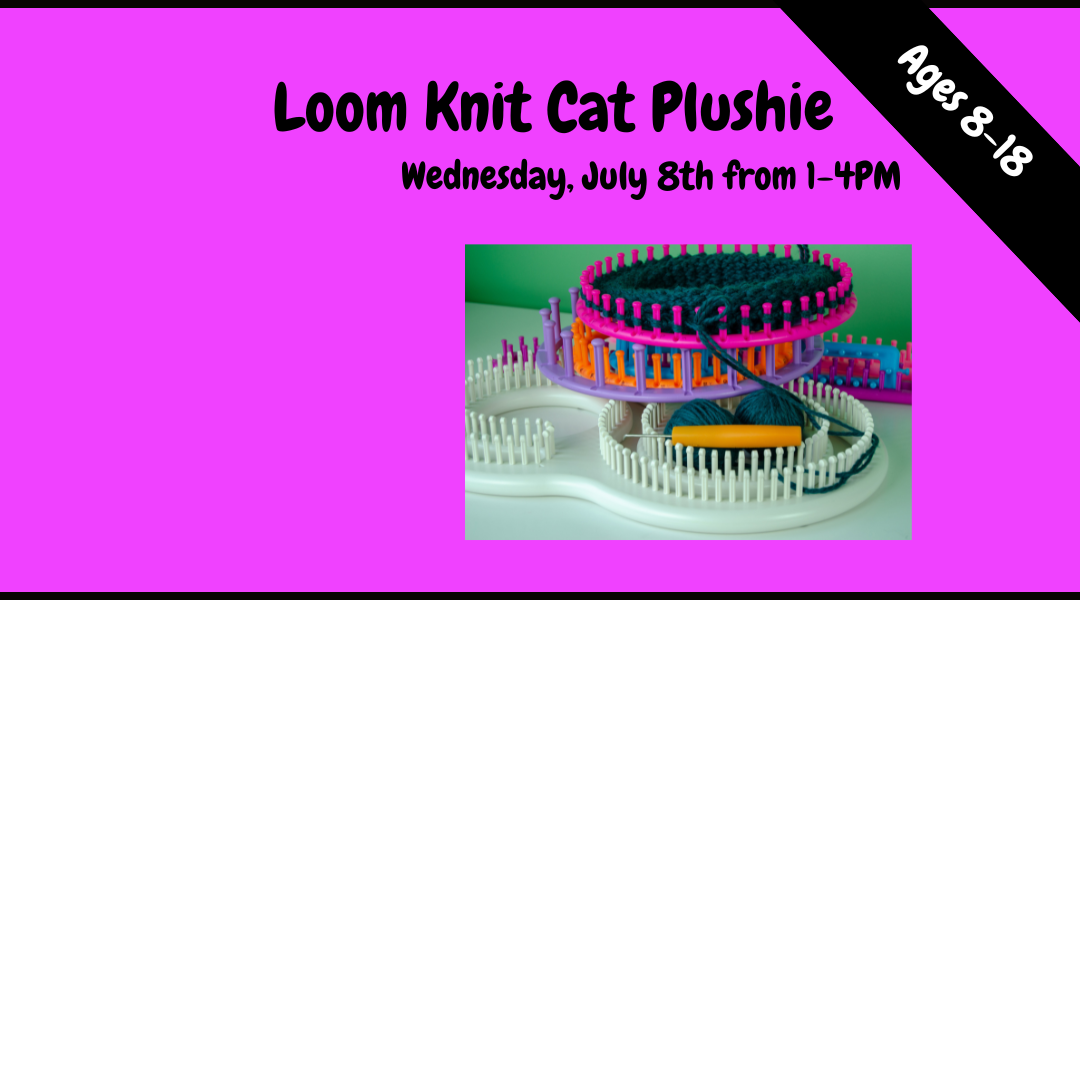 Advertisement for a loom knit cat plushie workshop with a pink border and text.