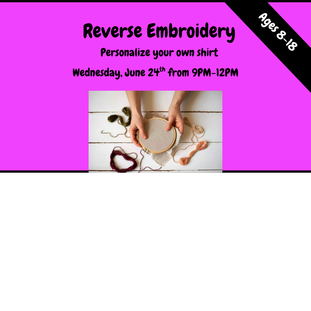 Promotional flyer for reverse embroidery workshop with text and a photo of hands working on embroidery.