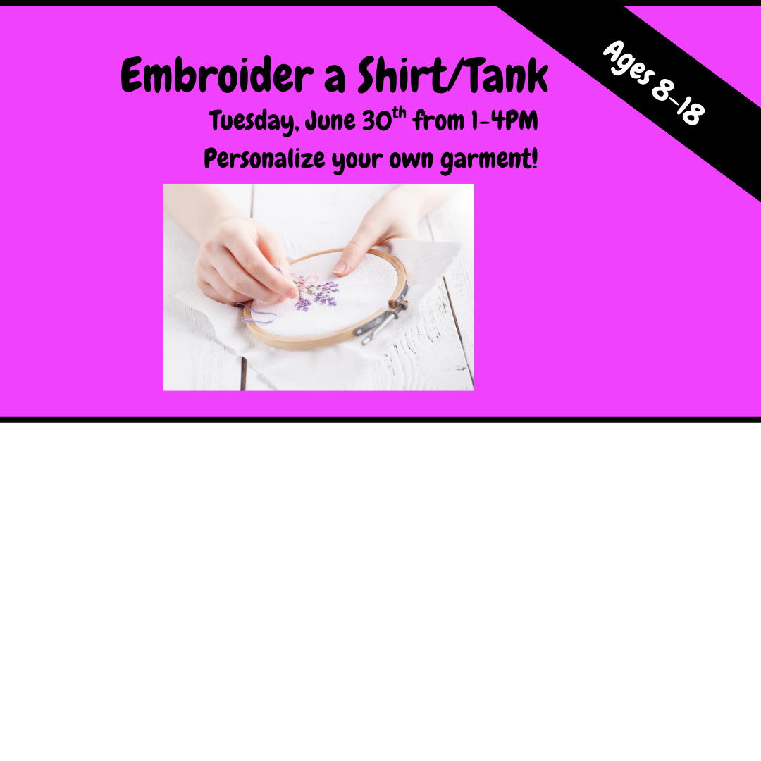 Promotional flyer for an embroidery workshop on a purple background with text and an image of hands working on embroidery.