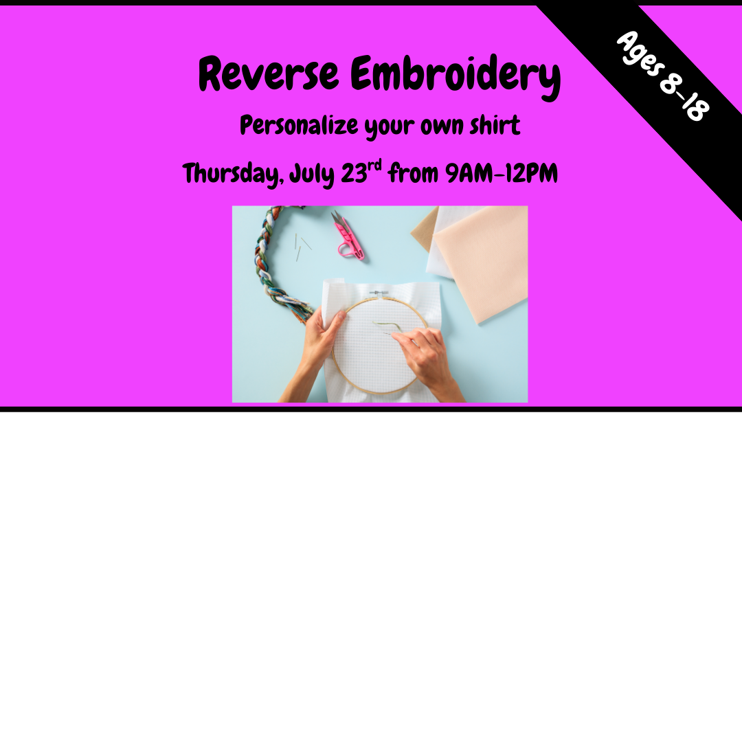 Promotional flyer for reverse embroidery workshop with text and a photo of hands working on an embroidery project.