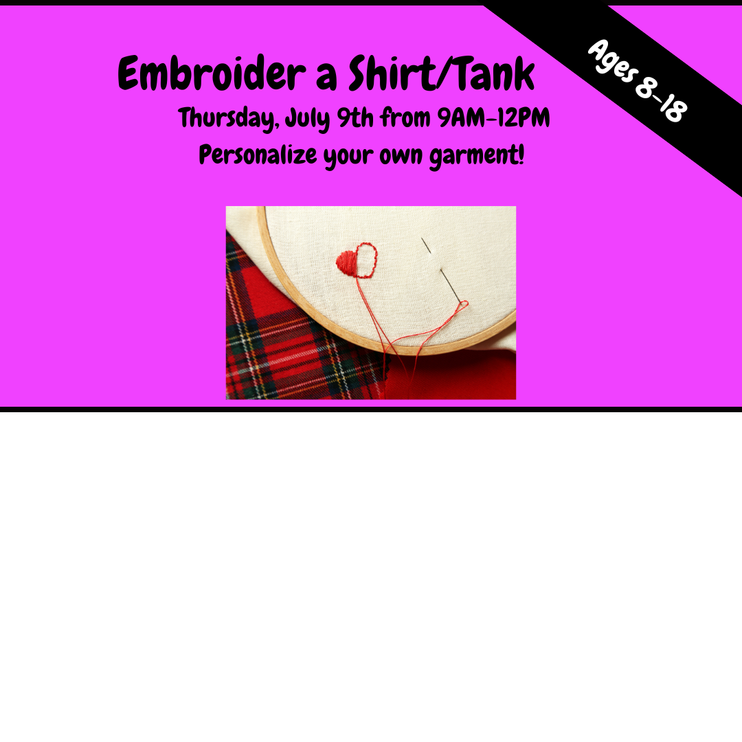 Promotional flyer for an embroidery workshop with a purple background and text.