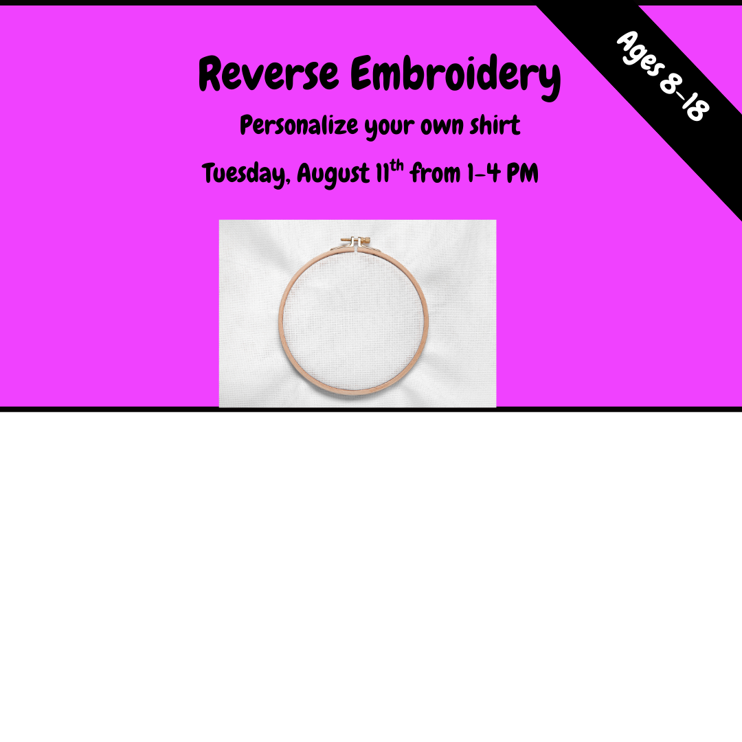 Promotional flyer for reverse embroidery workshop with an embroidery hoop on a pink background.