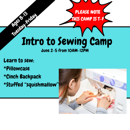 Advertisement for an 'Intro to Sewing Camp' for ages 8-13, featuring a child using a sewing machine.