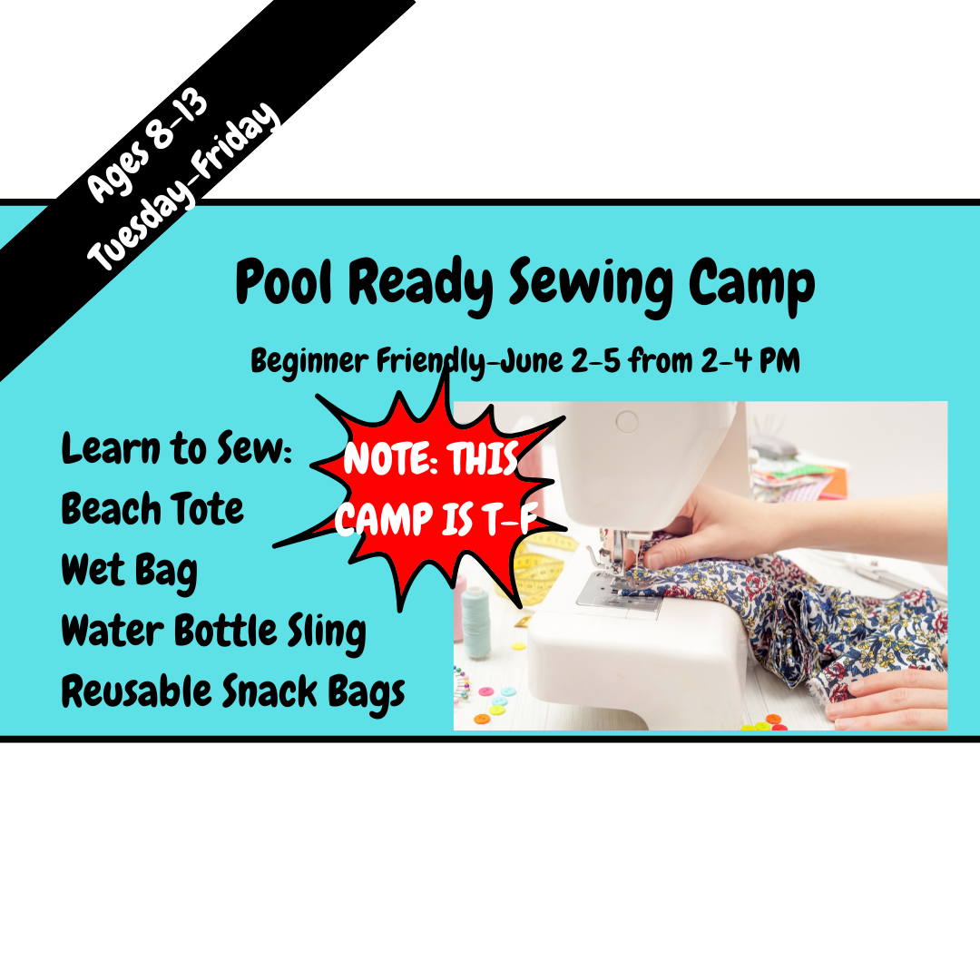 Advertisement for Pool Ready Sewing Camp with text and a sewing machine image.
