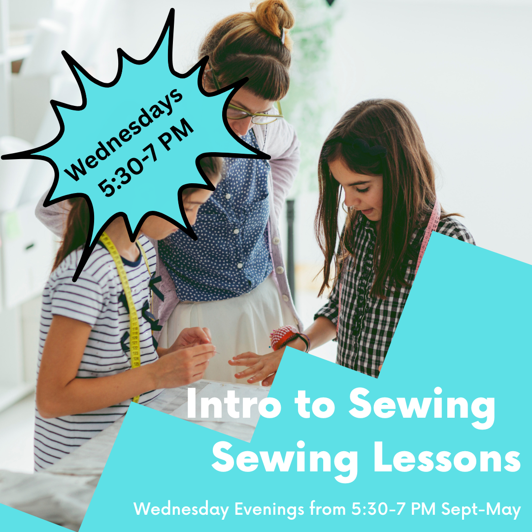 Promotional graphic for an online sewing class, featuring three women in a bright room with sewing supplies, overlaid with text reading 'Intro to Sewing Sewing Lessons' and 'Wednesdays 5:30-7 PM'.